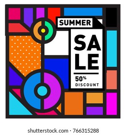 Summer sale memphis style web banner. Fashion and travel discount poster. Vector holiday Abstract colorful illustration with special offer and promotion.
