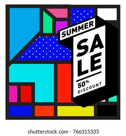 Summer sale memphis style web banner. Fashion and travel discount poster. Vector holiday Abstract colorful illustration with special offer and promotion.