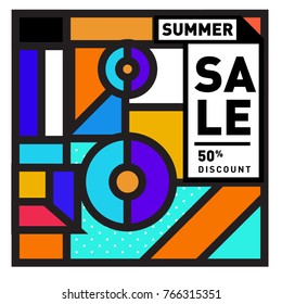 Summer sale memphis style web banner. Fashion and travel discount poster. Vector holiday Abstract colorful illustration with special offer and promotion.