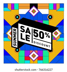 Summer sale memphis style web banner. Fashion and travel discount poster. Vector holiday Abstract colorful illustration with special offer and promotion.