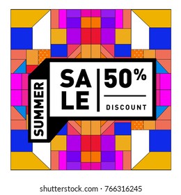 Summer sale memphis style web banner. Fashion and travel discount poster. Vector holiday Abstract colorful illustration with special offer and promotion.
