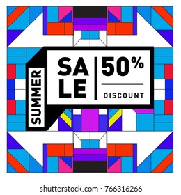 Summer sale memphis style web banner. Fashion and travel discount poster. Vector holiday Abstract colorful illustration with special offer and promotion.