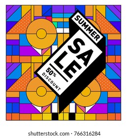 Summer sale memphis style web banner. Fashion and travel discount poster. Vector holiday Abstract colorful illustration with special offer and promotion.