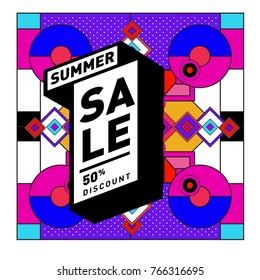 Summer sale memphis style web banner. Fashion and travel discount poster. Vector holiday Abstract colorful illustration with special offer and promotion.