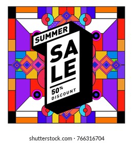Summer sale memphis style web banner. Fashion and travel discount poster. Vector holiday Abstract colorful illustration with special offer and promotion.
