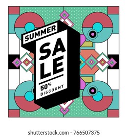 Summer sale memphis style web banner. Fashion and travel discount poster. Vector holiday Abstract colorful illustration with special offer and promotion.