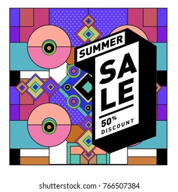 Summer sale memphis style web banner. Fashion and travel discount poster. Vector holiday Abstract colorful illustration with special offer and promotion.