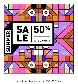 Summer sale memphis style web banner. Fashion and travel discount poster. Vector holiday Abstract colorful illustration with special offer and promotion.