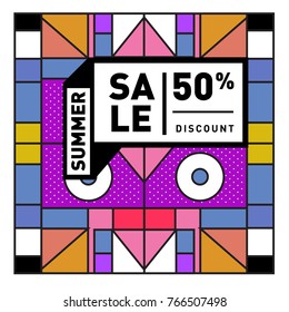 Summer sale memphis style web banner. Fashion and travel discount poster. Vector holiday Abstract colorful illustration with special offer and promotion.