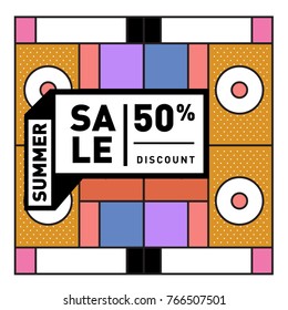 Summer sale memphis style web banner. Fashion and travel discount poster. Vector holiday Abstract colorful illustration with special offer and promotion.