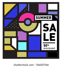 Summer sale memphis style web banner. Fashion and travel discount poster. Vector holiday Abstract colorful illustration with special offer and promotion.