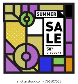 Summer sale memphis style web banner. Fashion and travel discount poster. Vector holiday Abstract colorful illustration with special offer and promotion.