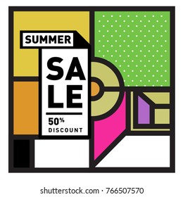 Summer sale memphis style web banner. Fashion and travel discount poster. Vector holiday Abstract colorful illustration with special offer and promotion.