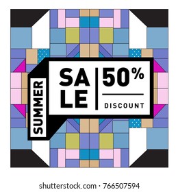 Summer sale memphis style web banner. Fashion and travel discount poster. Vector holiday Abstract colorful illustration with special offer and promotion.