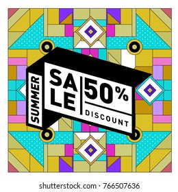 Summer sale memphis style web banner. Fashion and travel discount poster. Vector holiday Abstract colorful illustration with special offer and promotion.
