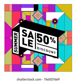 Summer sale memphis style web banner. Fashion and travel discount poster. Vector holiday Abstract colorful illustration with special offer and promotion.