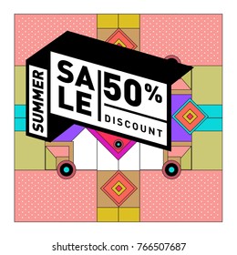 Summer sale memphis style web banner. Fashion and travel discount poster. Vector holiday Abstract colorful illustration with special offer and promotion.