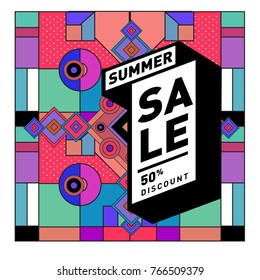 Summer sale memphis style web banner. Fashion and travel discount poster. Vector holiday Abstract colorful illustration with special offer and promotion.