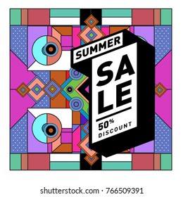 Summer sale memphis style web banner. Fashion and travel discount poster. Vector holiday Abstract colorful illustration with special offer and promotion.