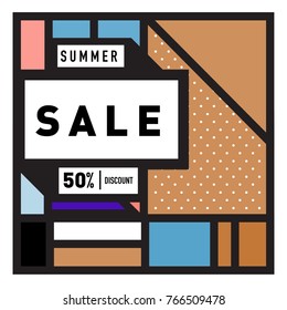 Summer sale memphis style web banner. Fashion and travel discount poster. Vector holiday Abstract colorful illustration with special offer and promotion.