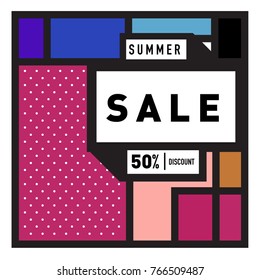 Summer sale memphis style web banner. Fashion and travel discount poster. Vector holiday Abstract colorful illustration with special offer and promotion.