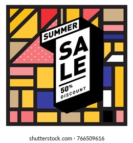 Summer sale memphis style web banner. Fashion and travel discount poster. Vector holiday Abstract colorful illustration with special offer and promotion.