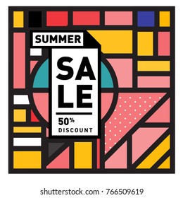 Summer sale memphis style web banner. Fashion and travel discount poster. Vector holiday Abstract colorful illustration with special offer and promotion.