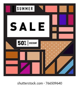 Summer sale memphis style web banner. Fashion and travel discount poster. Vector holiday Abstract colorful illustration with special offer and promotion.