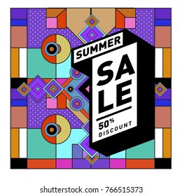 Summer sale memphis style web banner. Fashion and travel discount poster. Vector holiday Abstract colorful illustration with special offer and promotion.