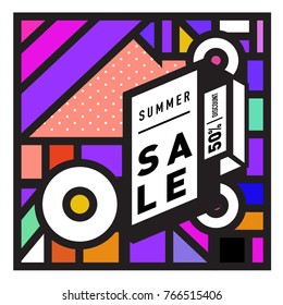 Summer sale memphis style web banner. Fashion and travel discount poster. Vector holiday Abstract colorful illustration with special offer and promotion.