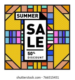 Summer sale memphis style web banner. Fashion and travel discount poster. Vector holiday Abstract colorful illustration with special offer and promotion.