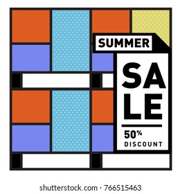 Summer sale memphis style web banner. Fashion and travel discount poster. Vector holiday Abstract colorful illustration with special offer and promotion.