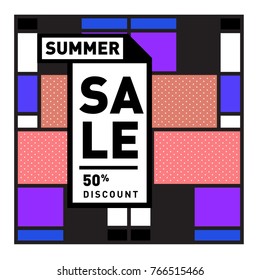 Summer sale memphis style web banner. Fashion and travel discount poster. Vector holiday Abstract colorful illustration with special offer and promotion.
