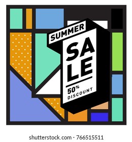 Summer sale memphis style web banner. Fashion and travel discount poster. Vector holiday Abstract colorful illustration with special offer and promotion.