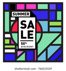 Summer sale memphis style web banner. Fashion and travel discount poster. Vector holiday Abstract colorful illustration with special offer and promotion.