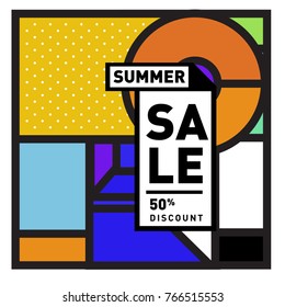 Summer sale memphis style web banner. Fashion and travel discount poster. Vector holiday Abstract colorful illustration with special offer and promotion.