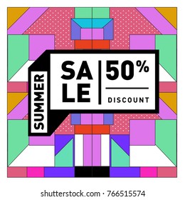 Summer sale memphis style web banner. Fashion and travel discount poster. Vector holiday Abstract colorful illustration with special offer and promotion.