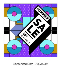 Summer sale memphis style web banner. Fashion and travel discount poster. Vector holiday Abstract colorful illustration with special offer and promotion.