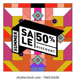 Summer sale memphis style web banner. Fashion and travel discount poster. Vector holiday Abstract colorful illustration with special offer and promotion.