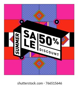Summer sale memphis style web banner. Fashion and travel discount poster. Vector holiday Abstract colorful illustration with special offer and promotion.