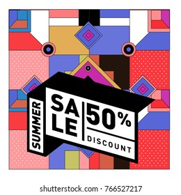 Summer sale memphis style web banner. Fashion and travel discount poster. Vector holiday Abstract colorful illustration with special offer and promotion.