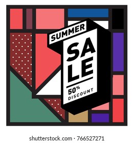 Summer sale memphis style web banner. Fashion and travel discount poster. Vector holiday Abstract colorful illustration with special offer and promotion.