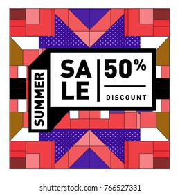 Summer sale memphis style web banner. Fashion and travel discount poster. Vector holiday Abstract colorful illustration with special offer and promotion.