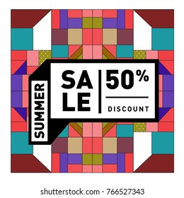Summer sale memphis style web banner. Fashion and travel discount poster. Vector holiday Abstract colorful illustration with special offer and promotion.