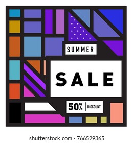 Summer sale memphis style web banner. Fashion and travel discount poster. Vector holiday Abstract colorful illustration with special offer and promotion.