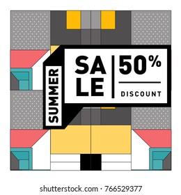 Summer sale memphis style web banner. Fashion and travel discount poster. Vector holiday Abstract colorful illustration with special offer and promotion.