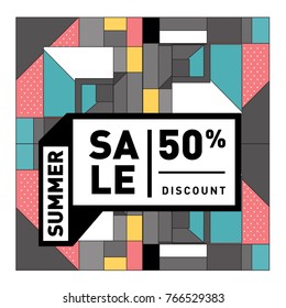 Summer sale memphis style web banner. Fashion and travel discount poster. Vector holiday Abstract colorful illustration with special offer and promotion.