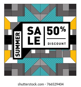 Summer sale memphis style web banner. Fashion and travel discount poster. Vector holiday Abstract colorful illustration with special offer and promotion.