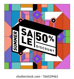 Summer sale memphis style web banner. Fashion and travel discount poster. Vector holiday Abstract colorful illustration with special offer and promotion.