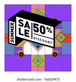 Summer sale memphis style web banner. Fashion and travel discount poster. Vector holiday Abstract colorful illustration with special offer and promotion.